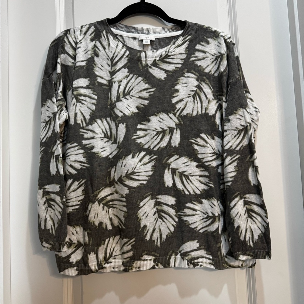 J.Jill White/Gray/Green Linen Blend Sweater Top MedPet  Floral 3/4 Sleeve
